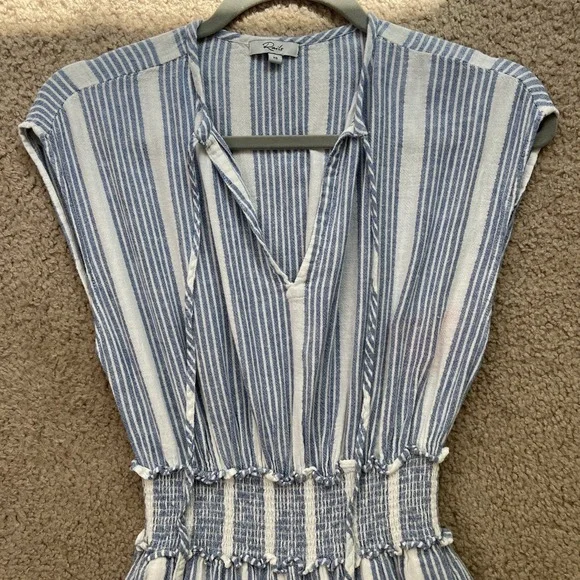 Rails Dress Womens S Blue Striped Ashlyn Midi Linen Blend Smocked Ruffle Pockets - Picture 2 of 10